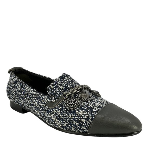 Chanel Tweed Cap Toe Logo Charms Loafers Size 8 - Picture 1 of 5
